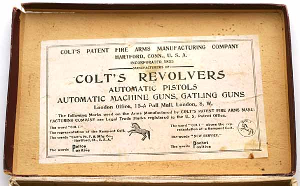 nside box label references Automatic Pistols, Automatic Machine Guns and Gatling Guns as well as the London Office at 15-A Pall Mall, London S.W. 
